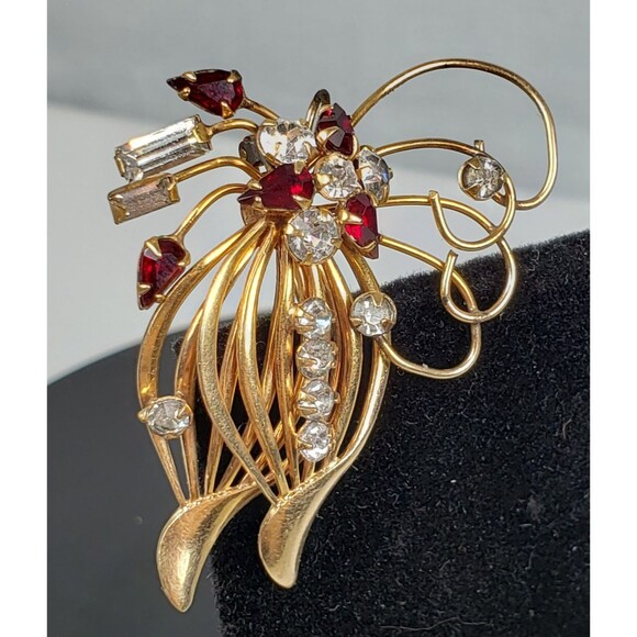 Vintage Red & White Crystal Rhinestone Flower 1/20 10Kt GF Brooch Pendant - Picture 2 of 16